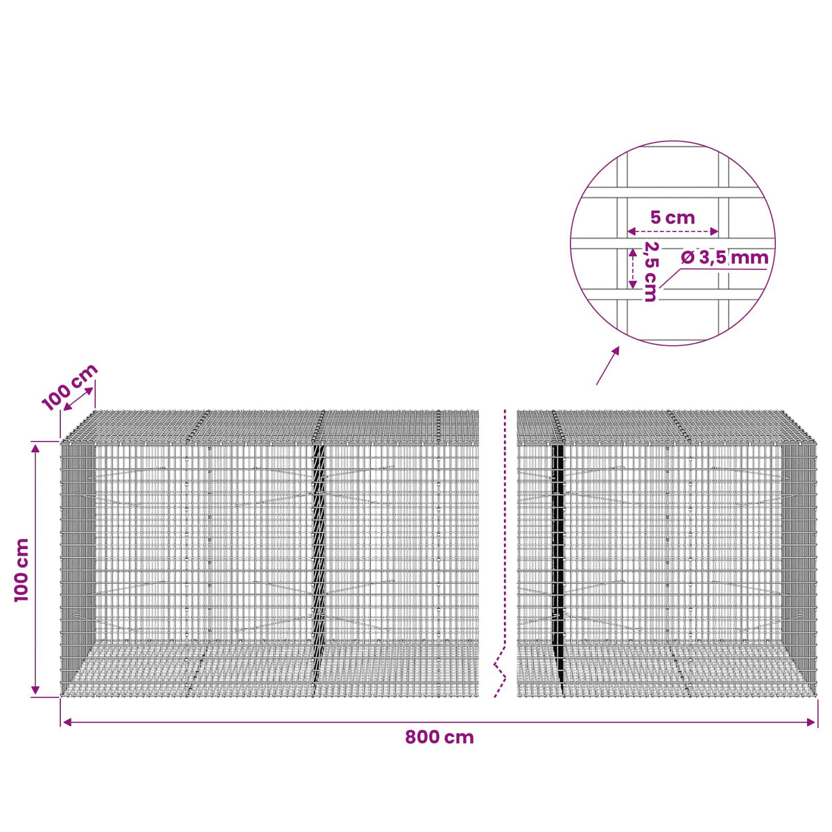 vidaXL Gabion with 3.5 mm Wire and 5x2.5 cm Mesh 800x100x100 cm 6