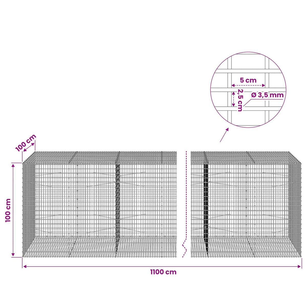 vidaXL Gabion with 3.5 mm Wire and 5x2.5 cm Mesh 1100x100x100 cm 6