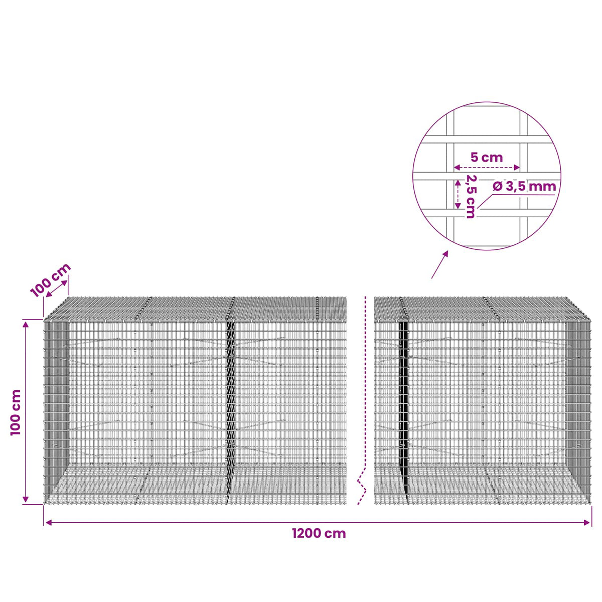 vidaXL Gabion with 3.5 mm Wire and 5x2.5 cm Mesh 1200x100x100 cm 6