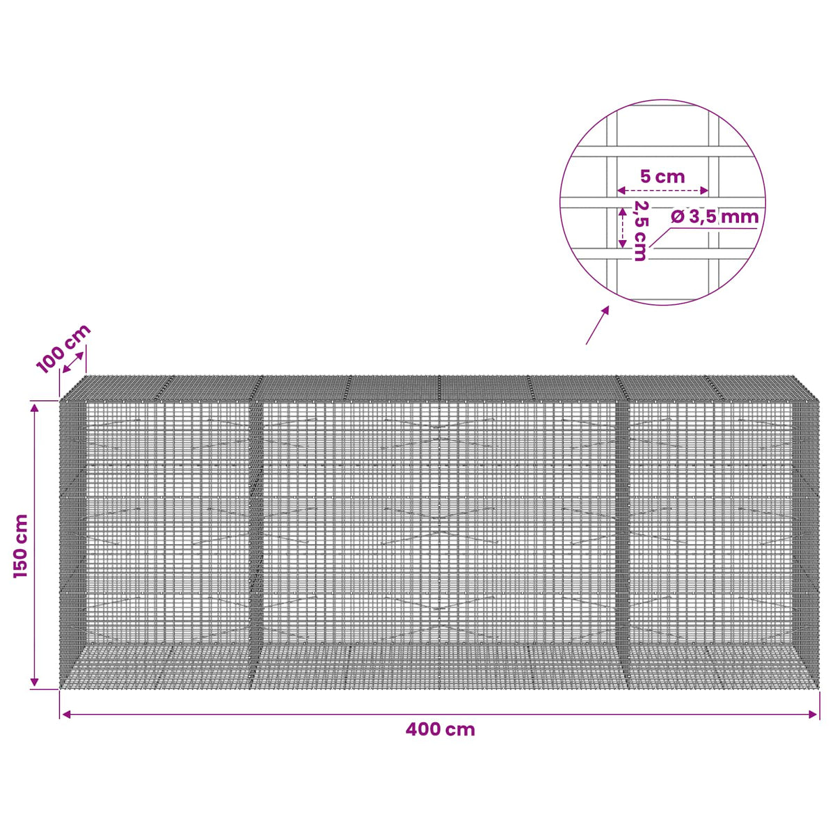 vidaXL Gabion with 3.5 mm Wire and 5x2.5 cm Mesh 400x100x150 cm 6