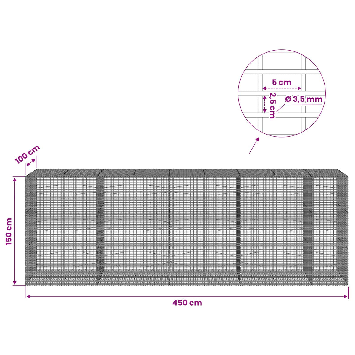 vidaXL Gabion with 3.5 mm Wire and 5x2.5 cm Mesh 450x100x150 cm 6