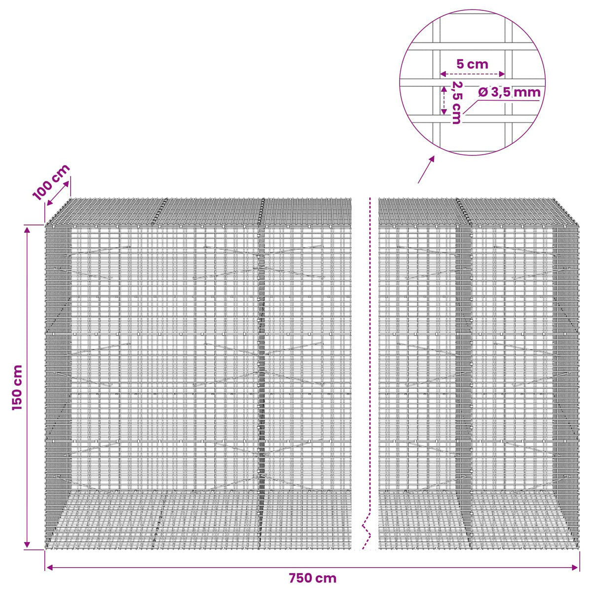 vidaXL Gabion with 3.5 mm Wire and 5x2.5 cm Mesh 750x100x150 cm 6