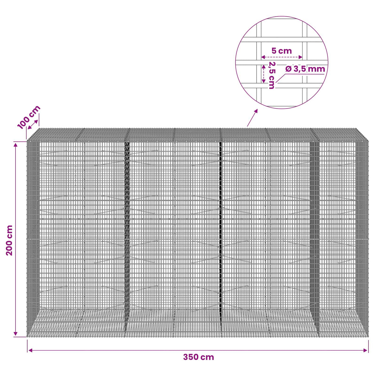 vidaXL Gabion with 3.5 mm Wire and 5x2.5 cm Mesh 350x100x200 cm 6