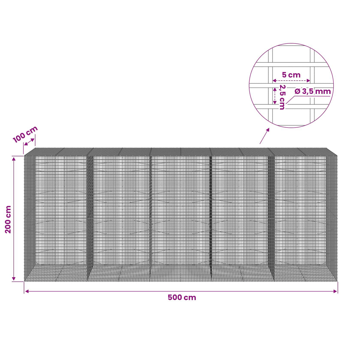 vidaXL Gabion with 3.5 mm Wire and 5x2.5 cm Mesh 500x100x200 cm 6