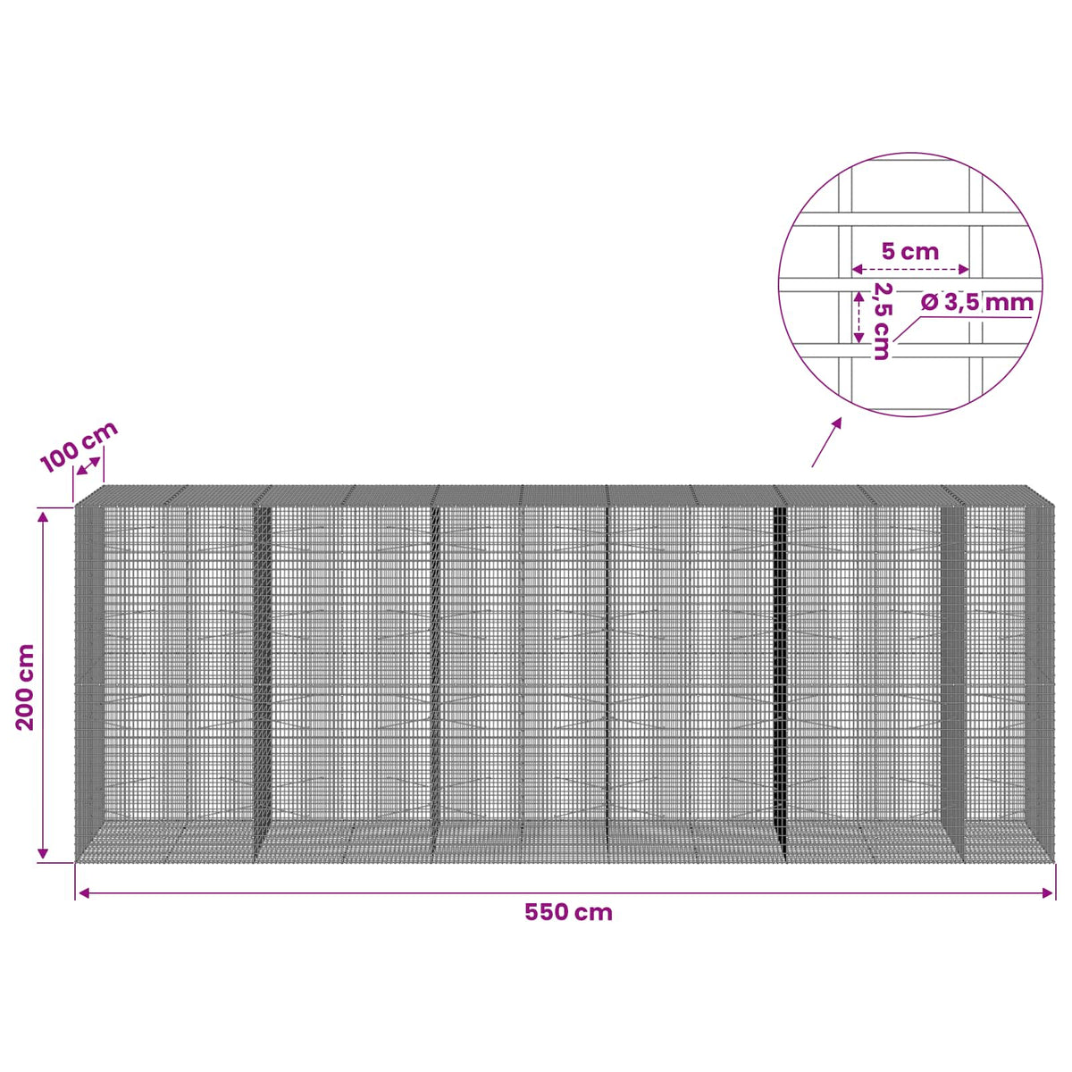 vidaXL Gabion with 3.5 mm Wire and 5x2.5 cm Mesh 550x100x200 cm 6