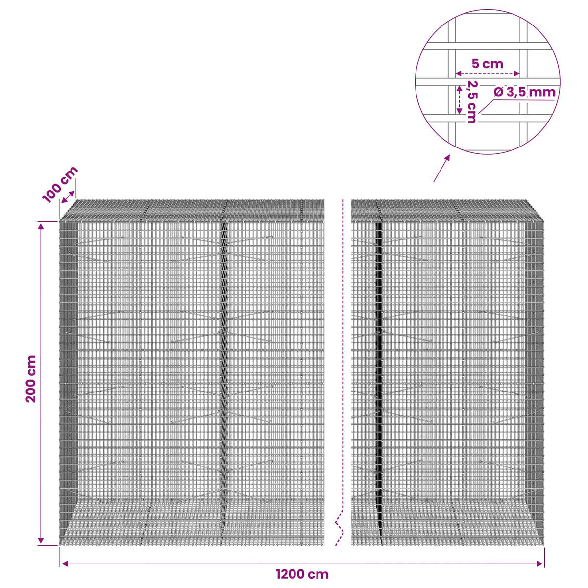 vidaXL Gabion with 3.5 mm Wire and 5x2.5 cm Mesh 1200x100x200 cm 6