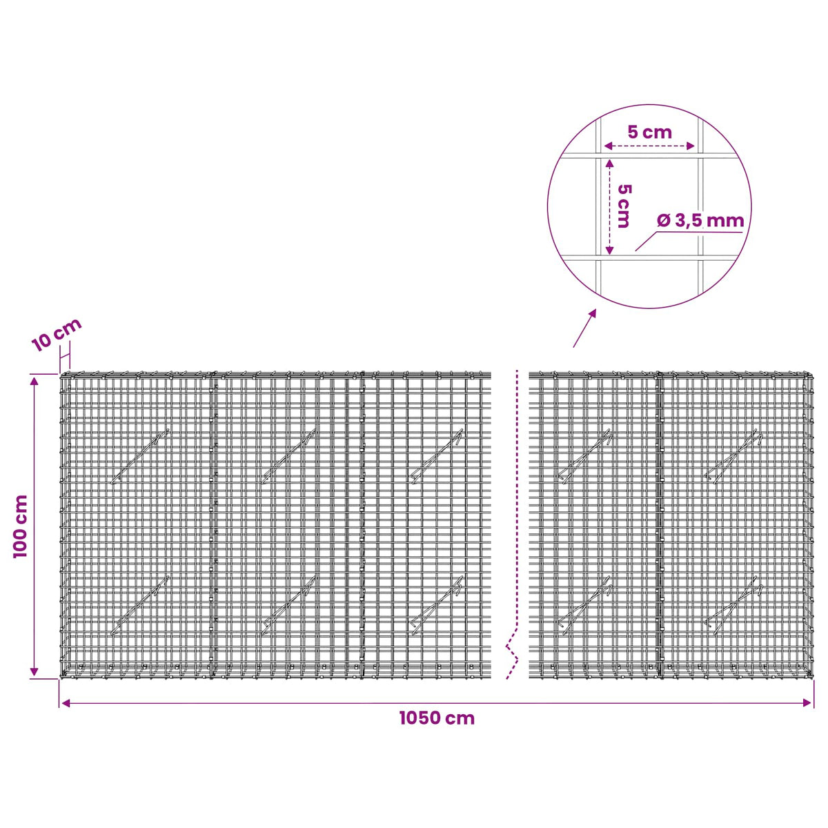 vidaXL Gabion with 3.5 mm Wire and 5x5 cm Mesh 1050x10x100 cm 6
