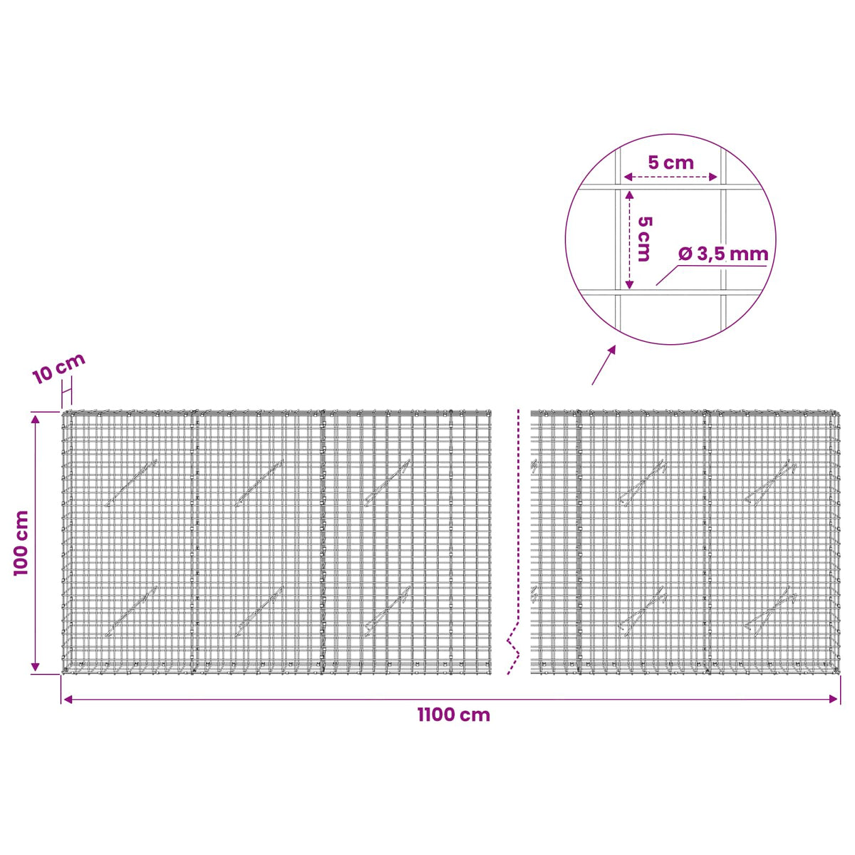 vidaXL Gabion with 3.5 mm Wire and 5x5 cm Mesh 1100x10x100 cm 6