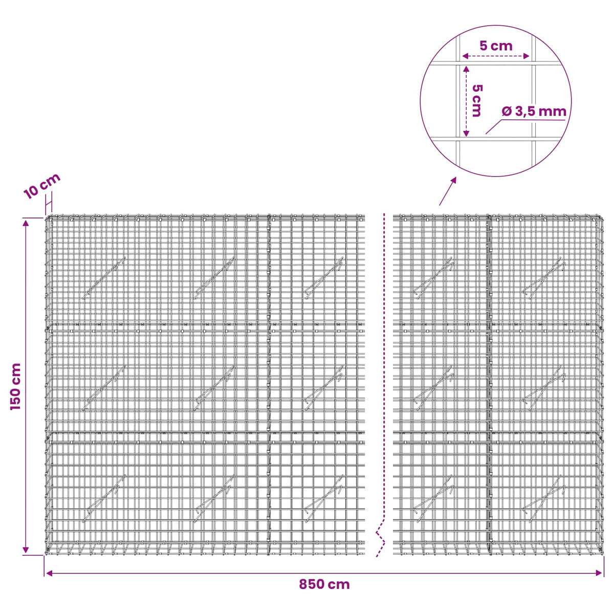 vidaXL Gabion with 3.5 mm Wire and 5x5 cm Mesh 850x10x150 cm 6