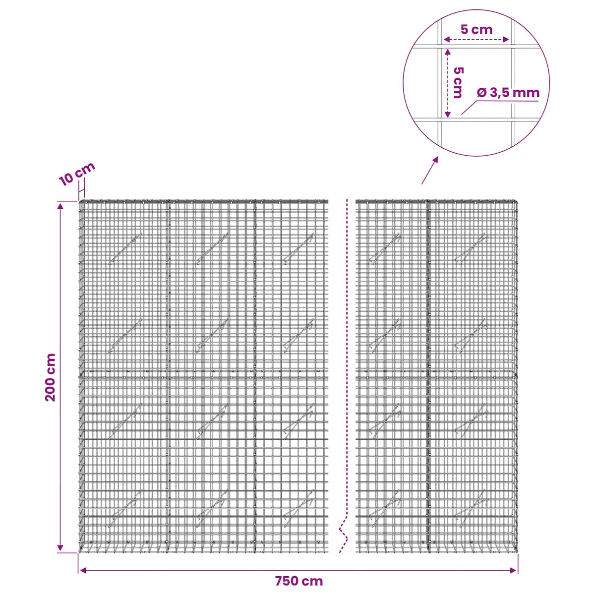 vidaXL Gabion with 3.5 mm Wire and 5x5 cm Mesh 750x10x200 cm 6