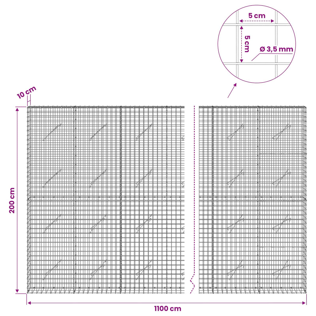 vidaXL Gabion with 3.5 mm Wire and 5x5 cm Mesh 1100x10x200 cm 6