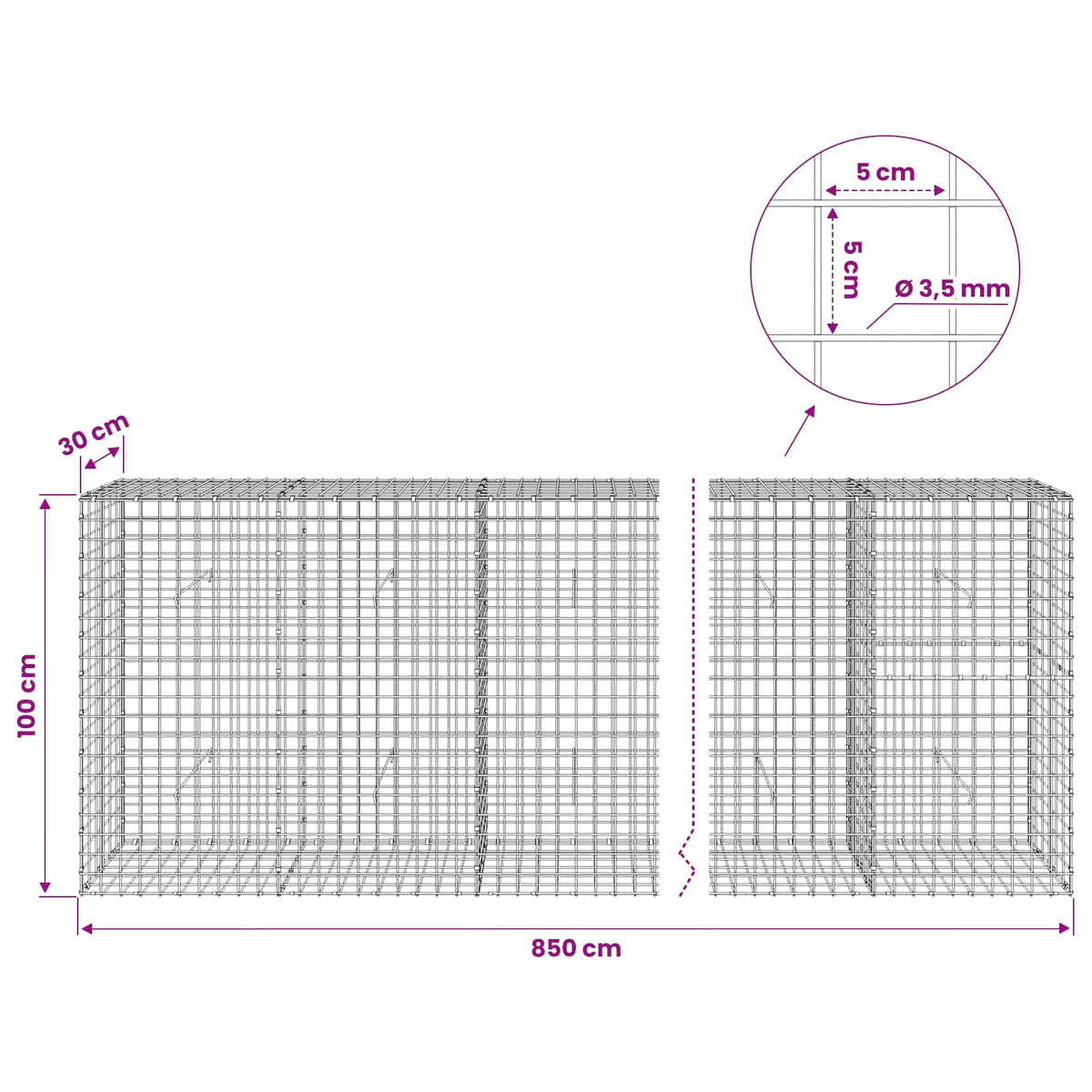 vidaXL Gabion with 3.5 mm Wire and 5x5 cm Mesh 850x30x100 cm 6