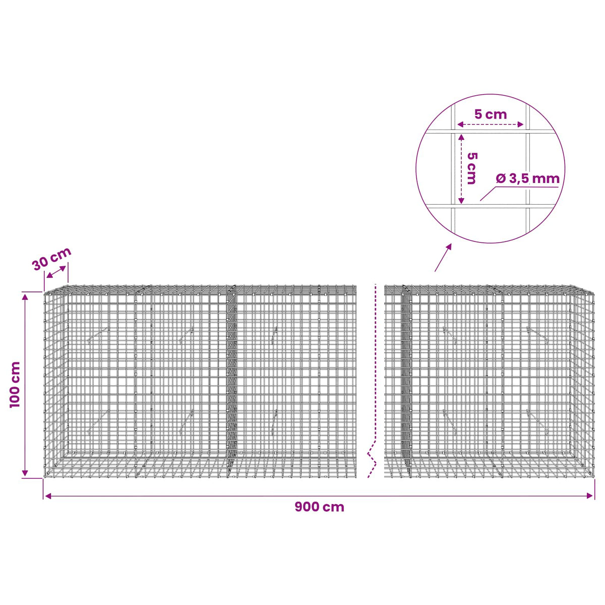 vidaXL Gabion with 3.5 mm Wire and 5x5 cm Mesh 900x30x100 cm 6