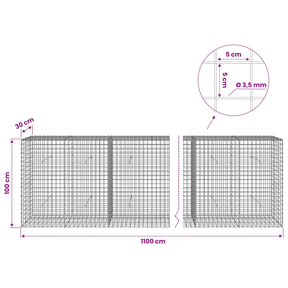 vidaXL Gabion with 3.5 mm Wire and 5x5 cm Mesh 1100x30x100 cm 6