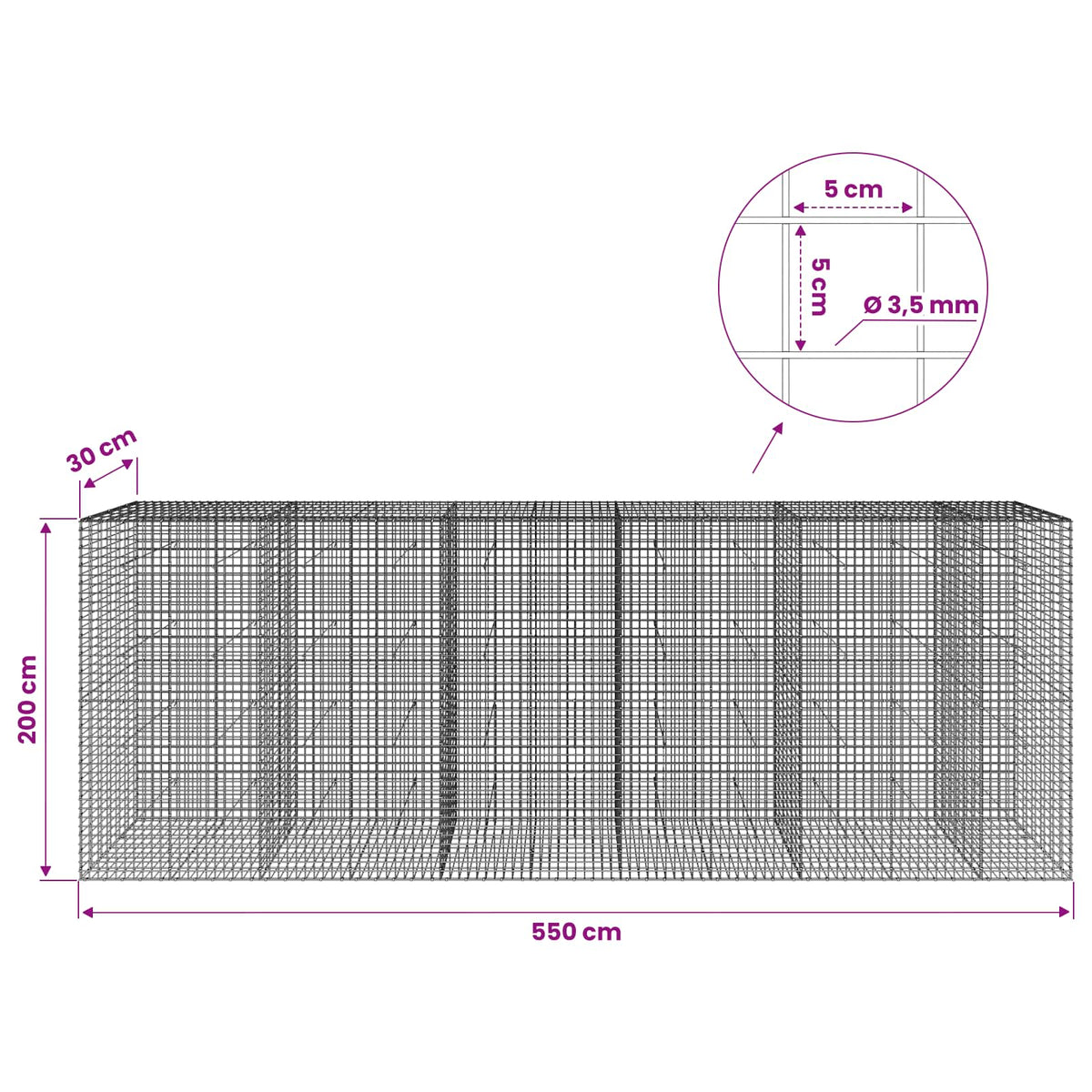 vidaXL Gabion with 3.5 mm Wire and 5x5 cm Mesh 550x30x200 cm 6