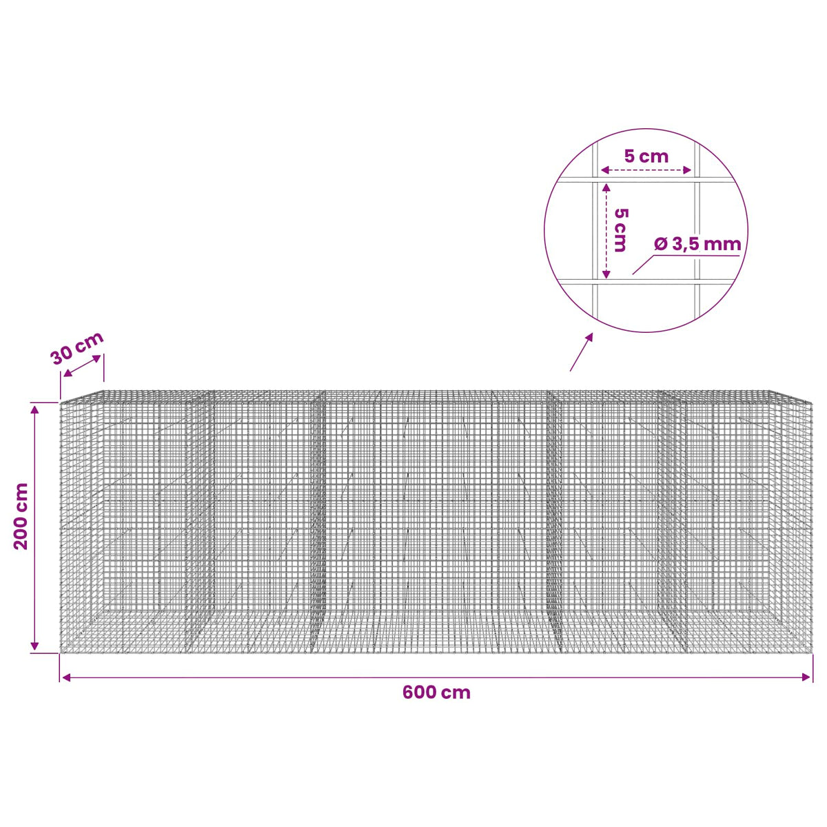 vidaXL Gabion with 3.5 mm Wire and 5x5 cm Mesh 600x30x200 cm 6