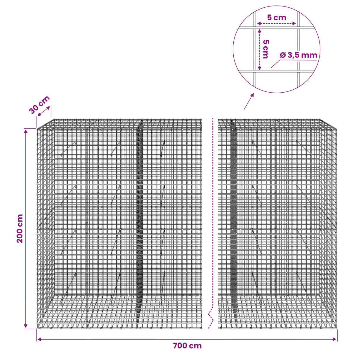 vidaXL Gabion with 3.5 mm Wire and 5x5 cm Mesh 700x30x200 cm 6