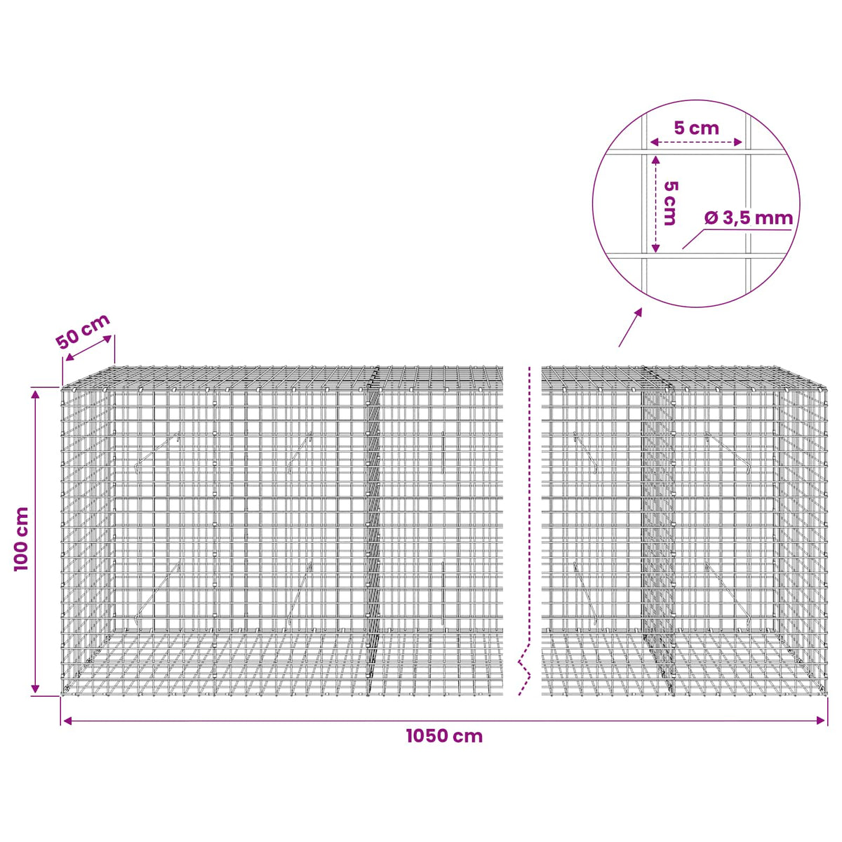 vidaXL Gabion with 3.5 mm Wire and 5x5 cm Mesh 1050x50x100 cm 6