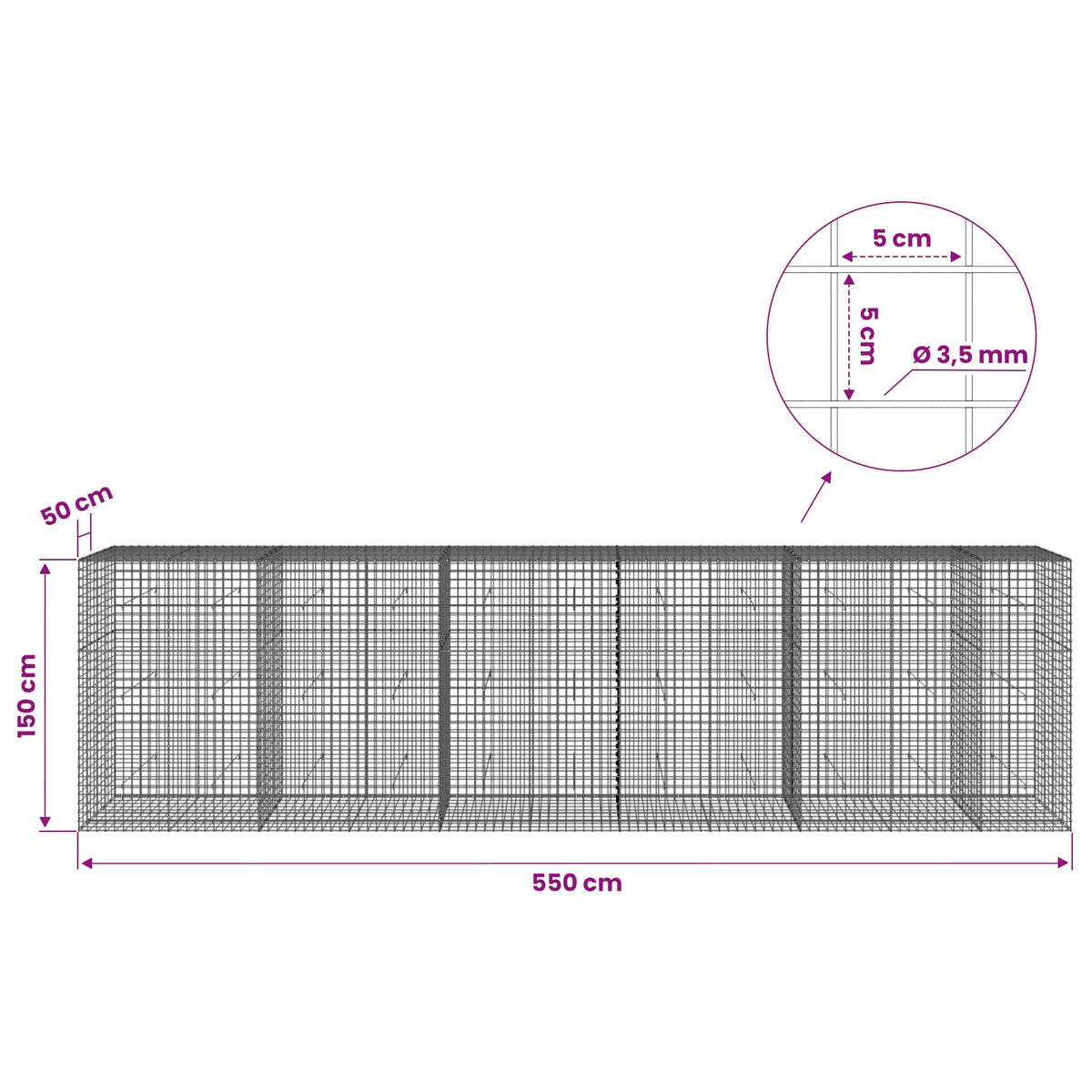 vidaXL Gabion with 3.5 mm Wire and 5x5 cm Mesh 550x50x150 cm 6