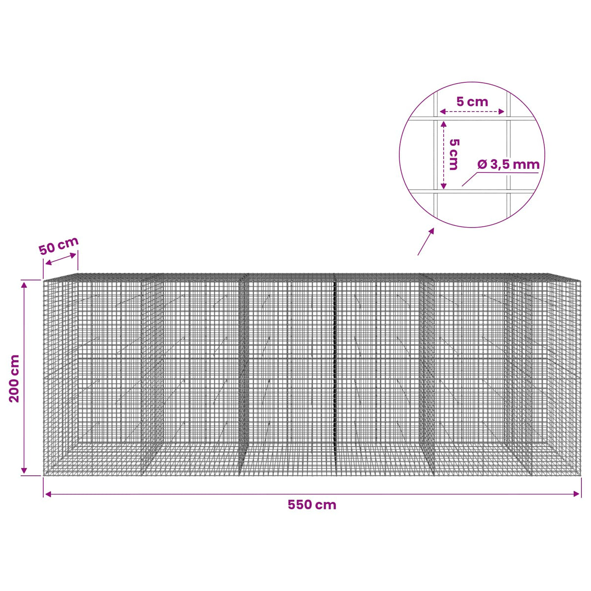 vidaXL Gabion with 3.5 mm Wire and 5x5 cm Mesh 550x50x200 cm 6