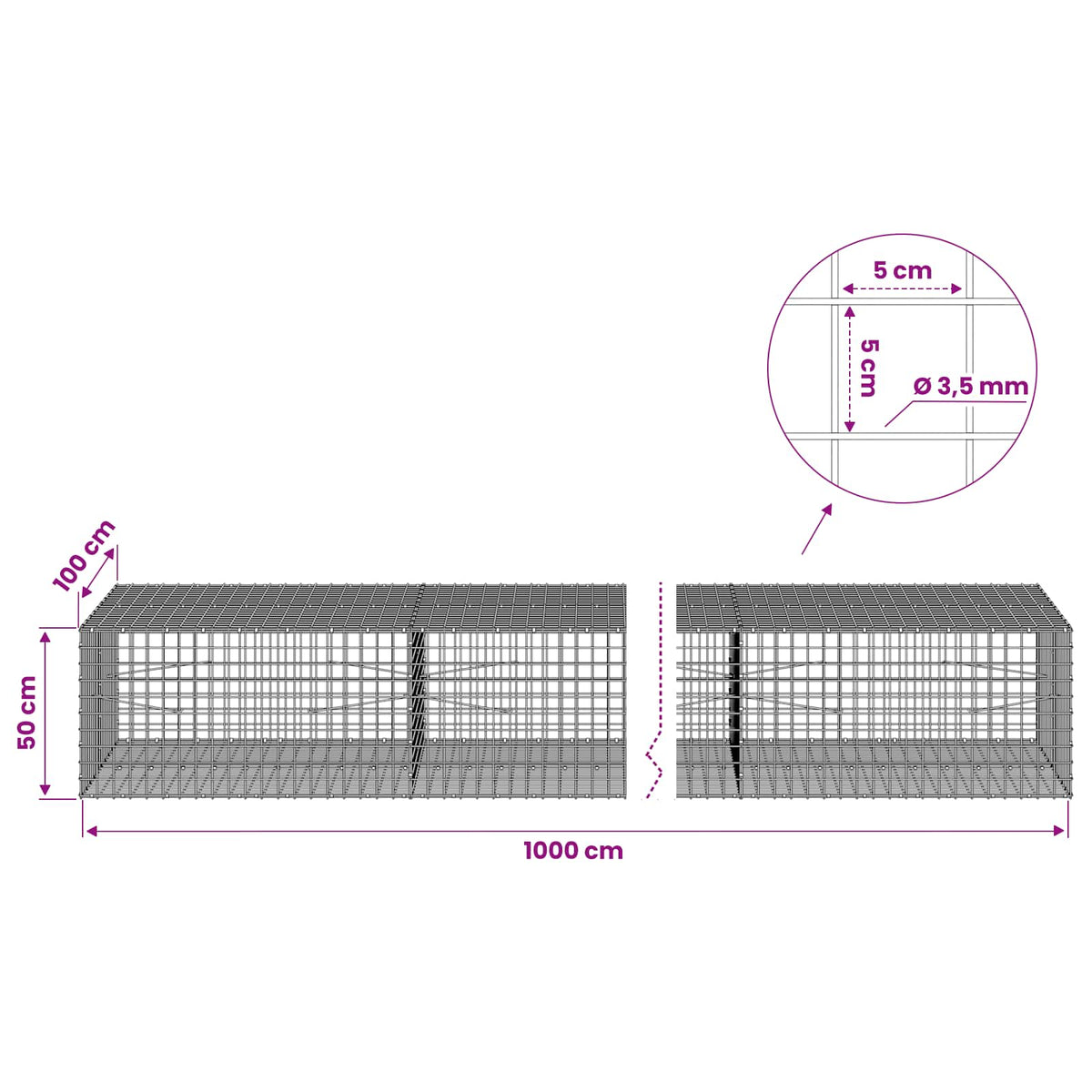 vidaXL Gabion with 3.5 mm Wire and 5x5 cm Mesh 1000x100x50 cm 6