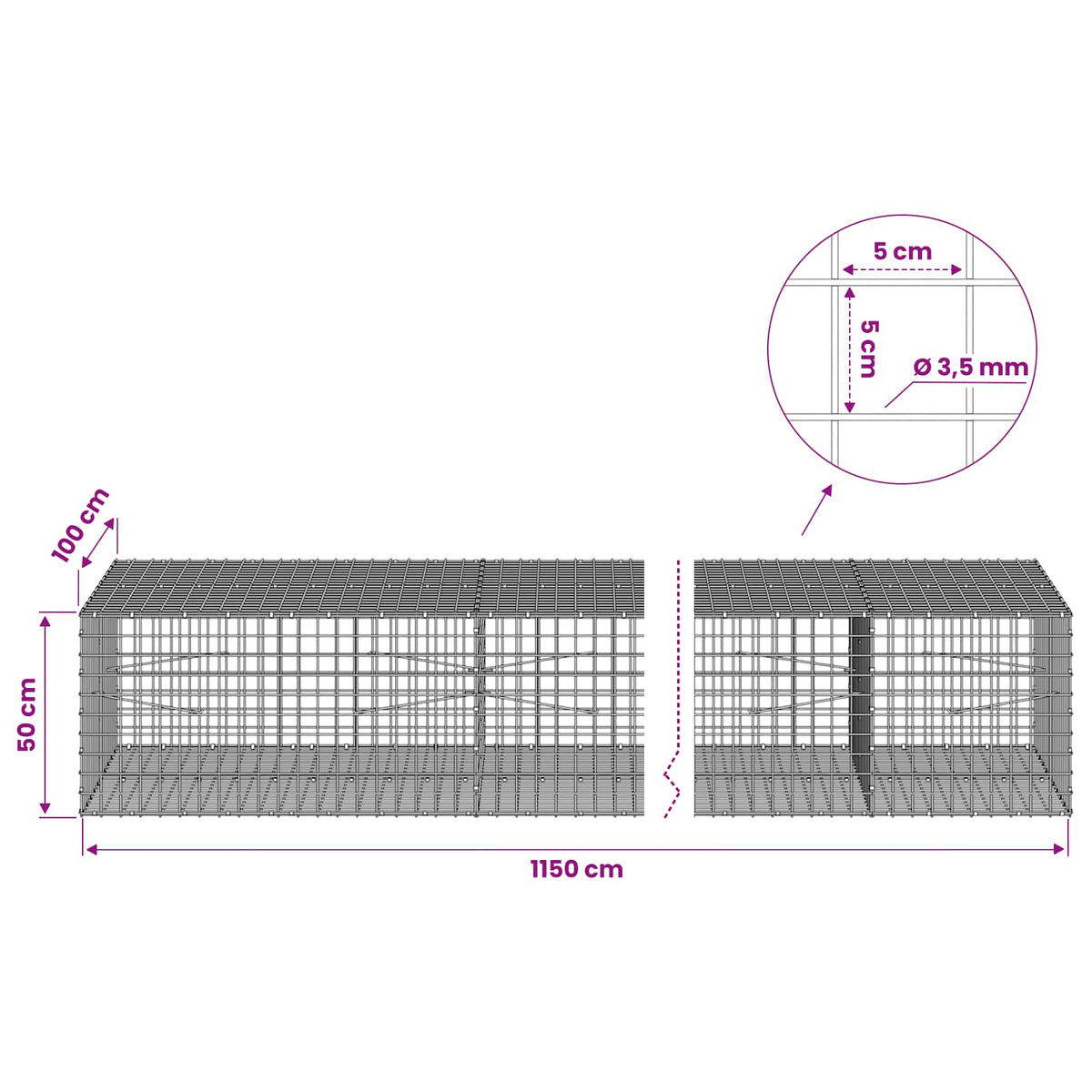 vidaXL Gabion with 3.5 mm Wire and 5x5 cm Mesh 1150x100x50 cm 6