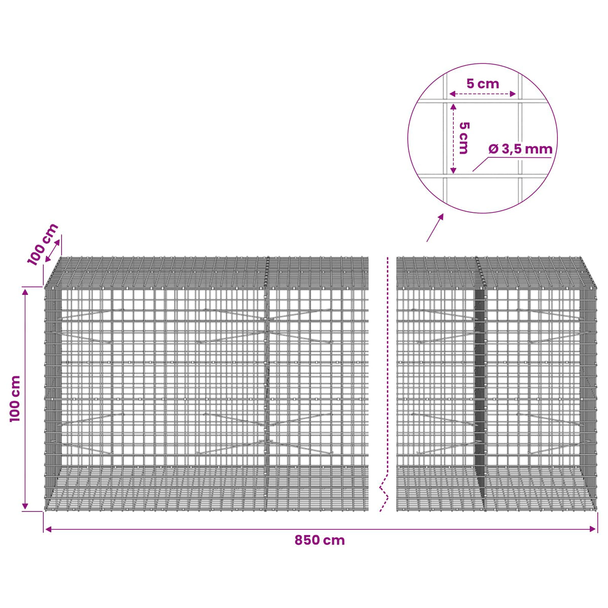 vidaXL Gabion with 3.5 mm Wire and 5x5 cm Mesh 850x100x100 cm 6