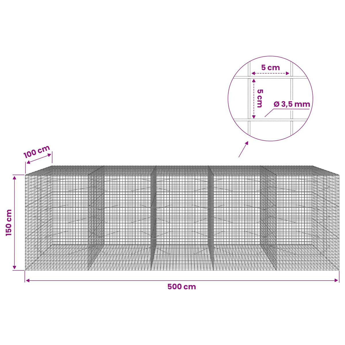vidaXL Gabion with 3.5 mm Wire and 5x5 cm Mesh 500x100x150 cm 6