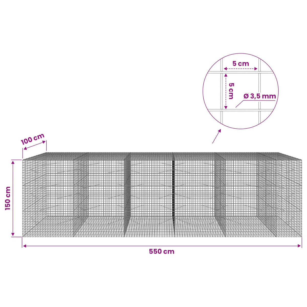 vidaXL Gabion with 3.5 mm Wire and 5x5 cm Mesh 550x100x150 cm 6