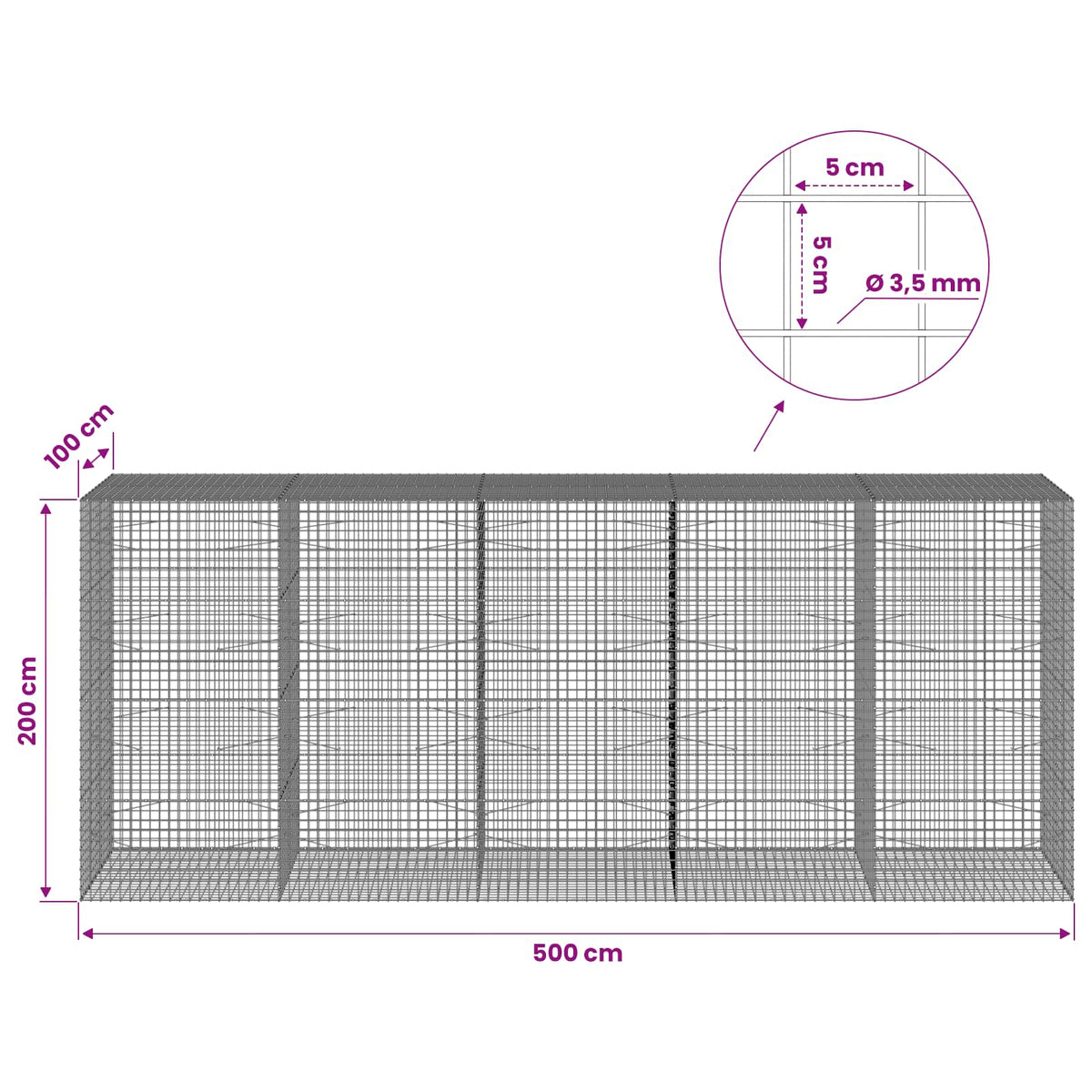 vidaXL Gabion with 3.5 mm Wire and 5x5 cm Mesh 500x100x200 cm 6