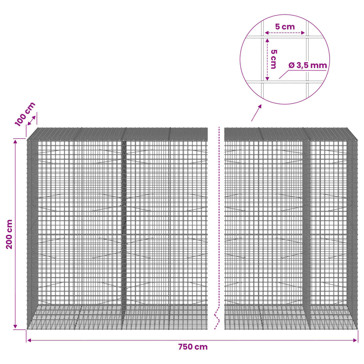 vidaXL Gabion with 3.5 mm Wire and 5x5 cm Mesh 750x100x200 cm 6