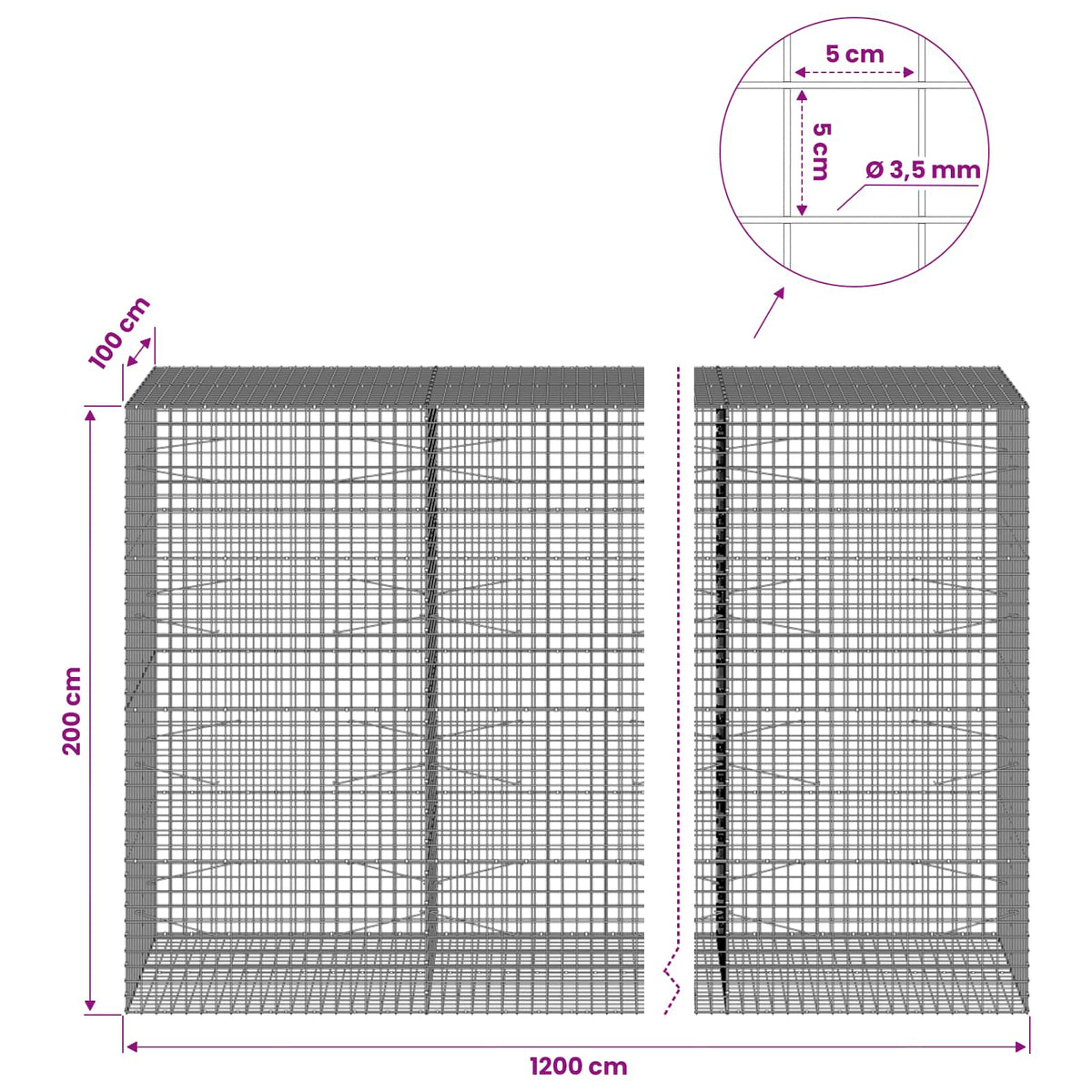 vidaXL Gabion with 3.5 mm Wire and 5x5 cm Mesh 1200x100x200 cm 6