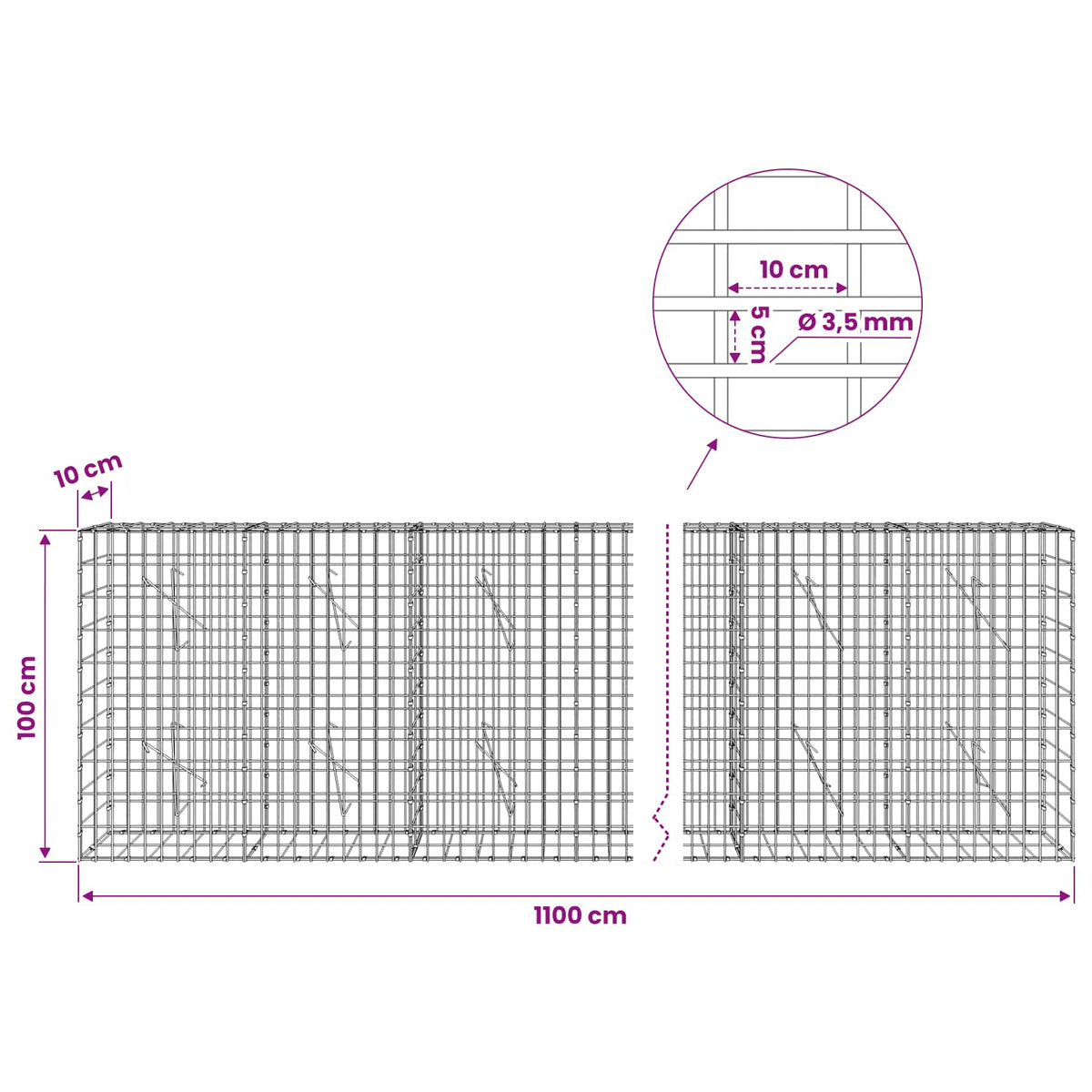 vidaXL Gabion with 3.5 mm Wire and 5x10 cm Mesh 1100x10x100 cm 6