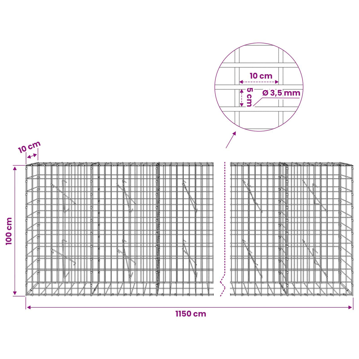 vidaXL Gabion with 3.5 mm Wire and 5x10 cm Mesh 1150x10x100 cm 6