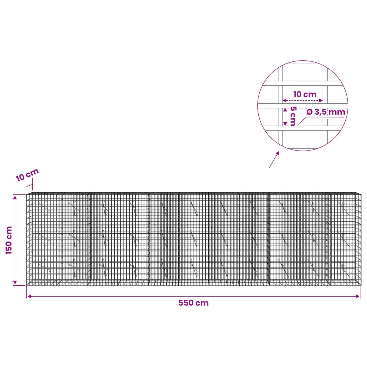 vidaXL Gabion with 3.5 mm Wire and 5x10 cm Mesh 550x10x150 cm 6