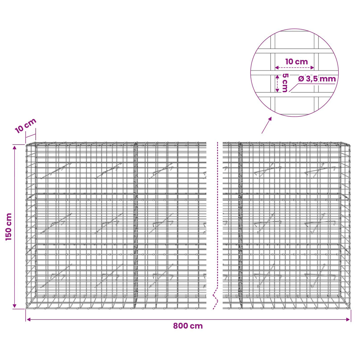 vidaXL Gabion with 3.5 mm Wire and 5x10 cm Mesh 800x10x150 cm 6