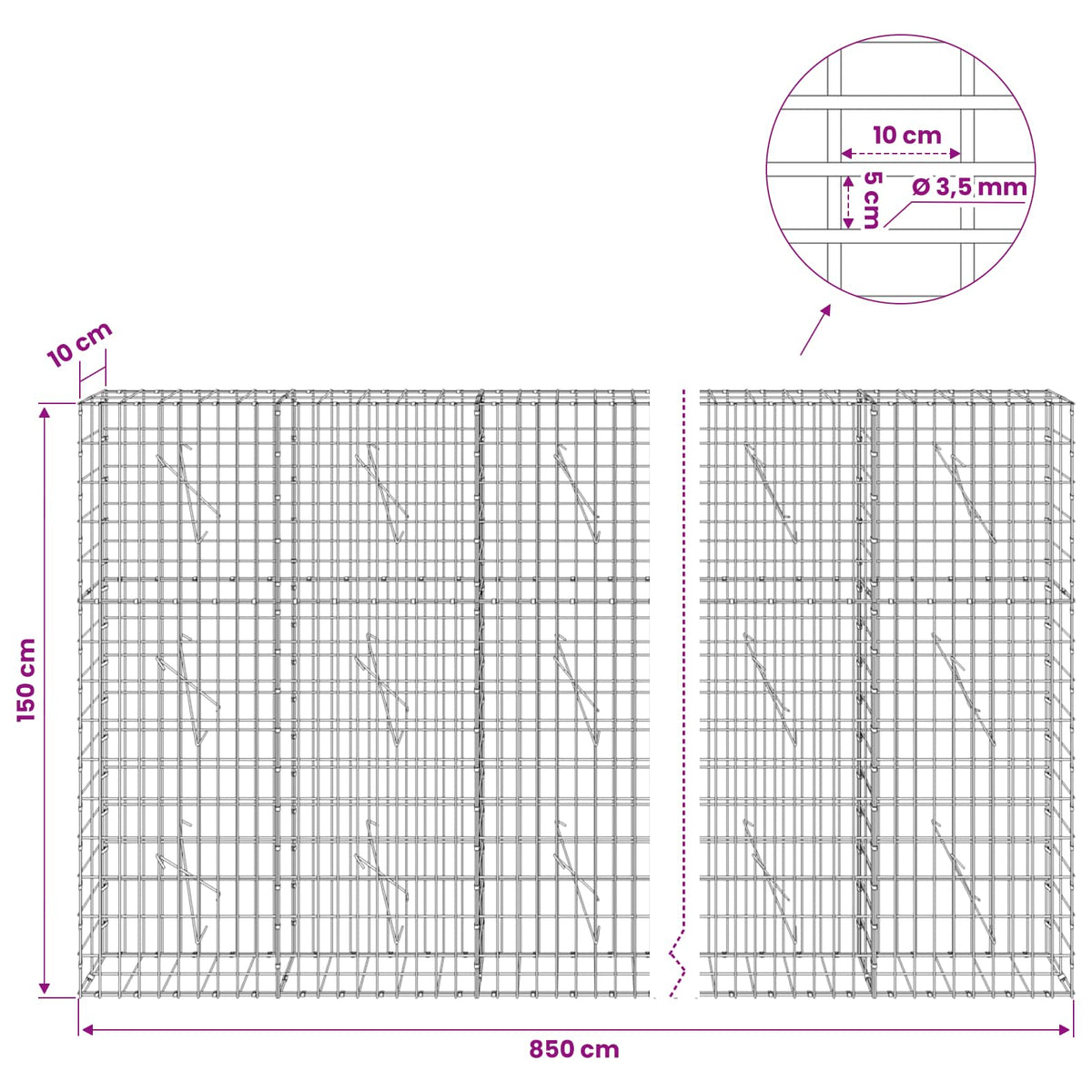 vidaXL Gabion with 3.5 mm Wire and 5x10 cm Mesh 850x10x150 cm 6