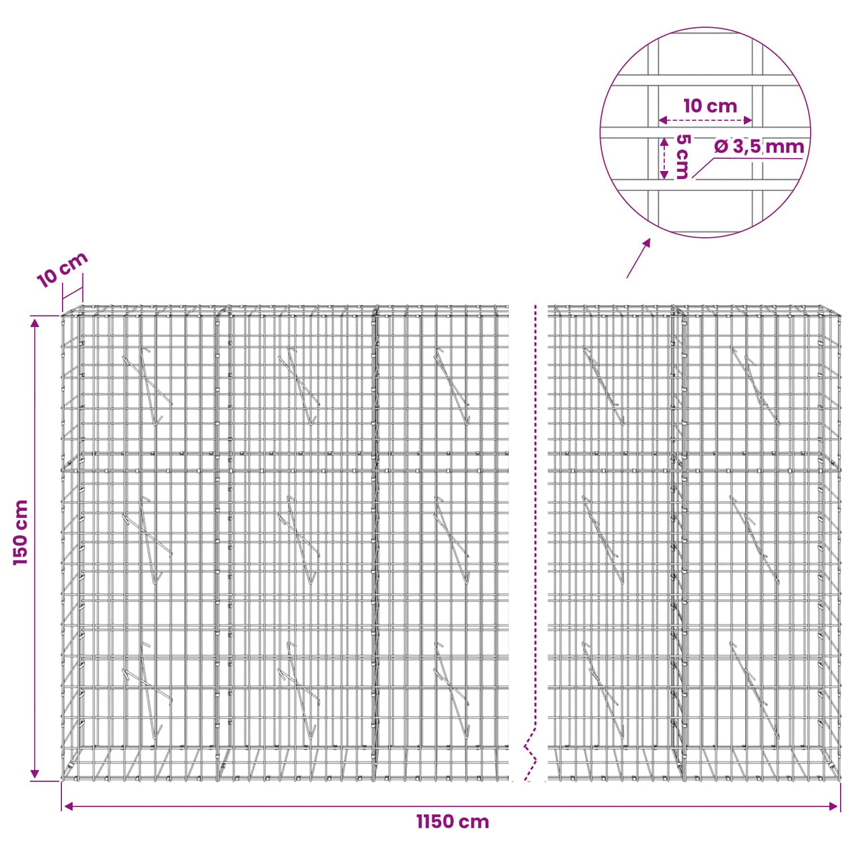 vidaXL Gabion with 3.5 mm Wire and 5x10 cm Mesh 1150x10x150 cm 6