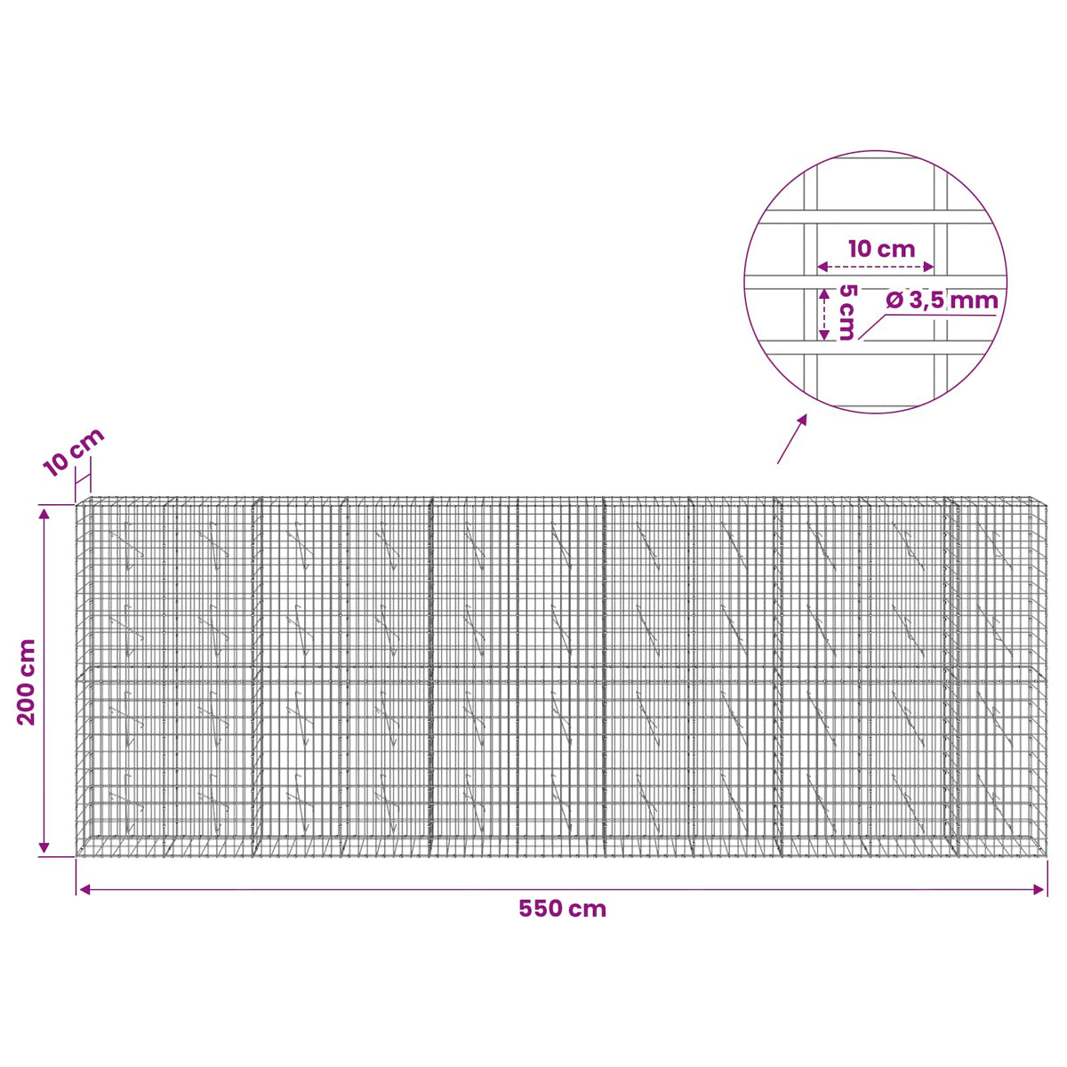 vidaXL Gabion with 3.5 mm Wire and 5x10 cm Mesh 550x10x200 cm 6