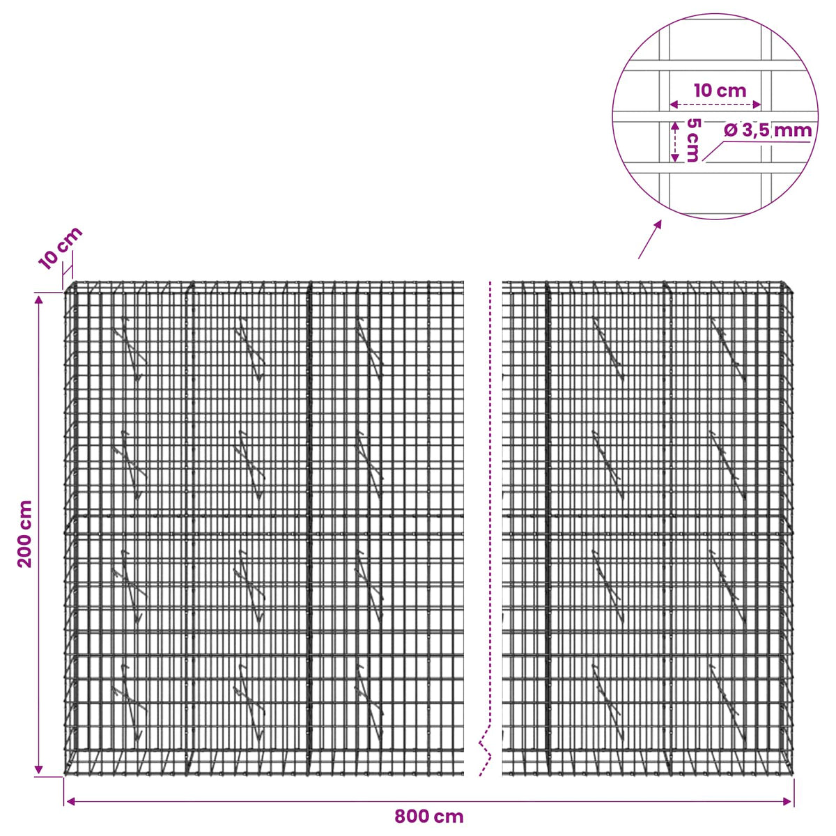 vidaXL Gabion with 3.5 mm Wire and 5x10 cm Mesh 800x10x200 cm 6