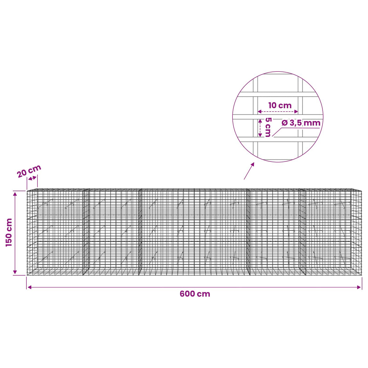 vidaXL Gabion with 3.5 mm Wire and 5x10 cm Mesh 600x20x150 cm 6