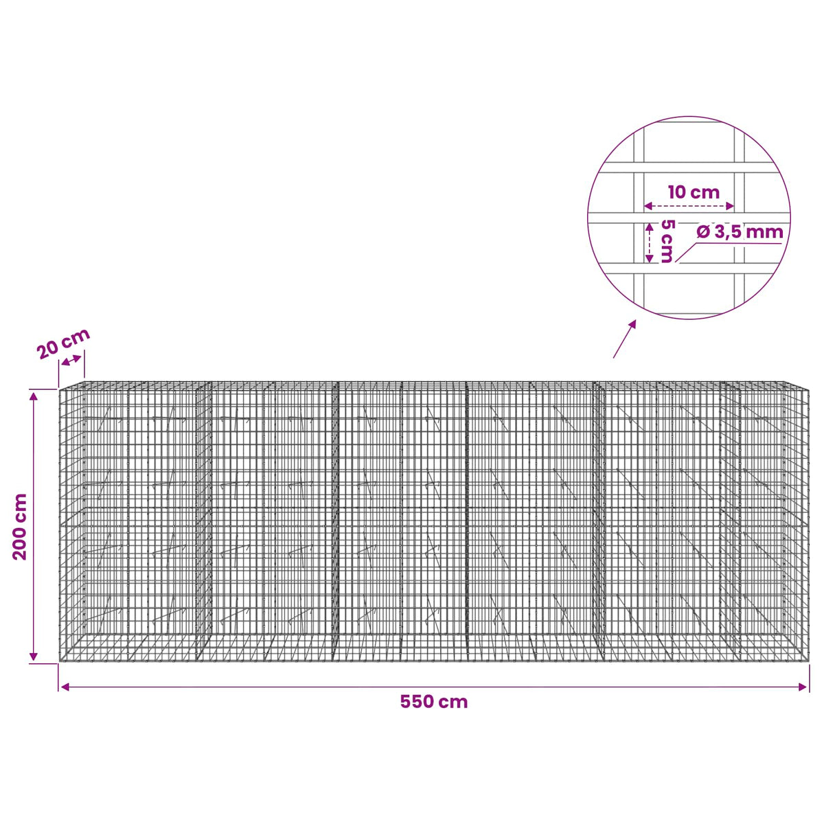 vidaXL Gabion with 3.5 mm Wire and 5x10 cm Mesh 550x20x200 cm 6
