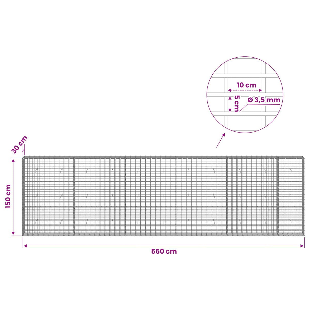 vidaXL Gabion with 3.5 mm Wire and 5x10 cm Mesh 550x30x150 cm 6