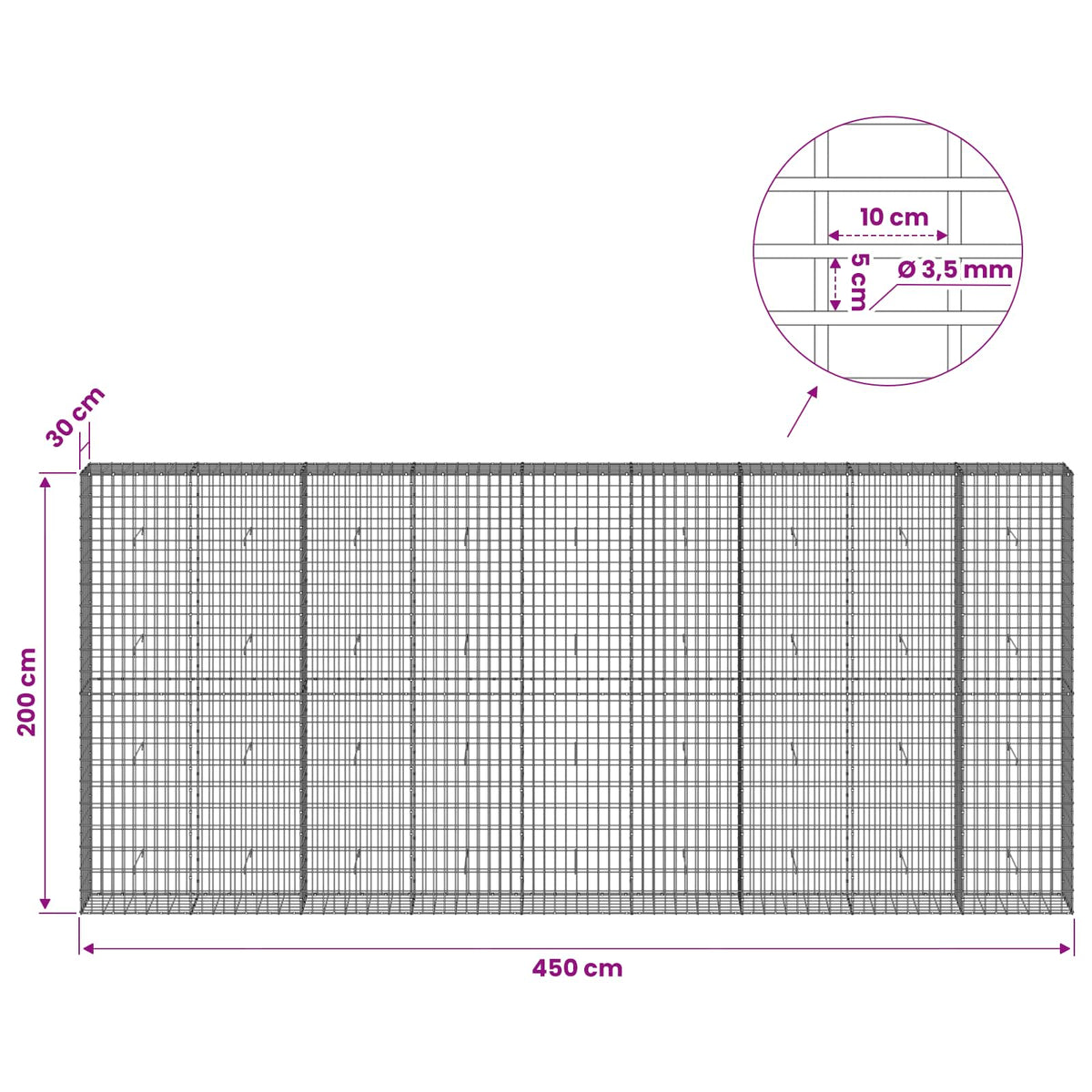 vidaXL Gabion with 3.5 mm Wire and 5x10 cm Mesh 450x30x200 cm 6