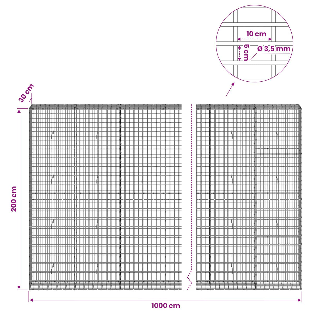 vidaXL Gabion with 3.5 mm Wire and 5x10 cm Mesh 1000x30x200 cm 6
