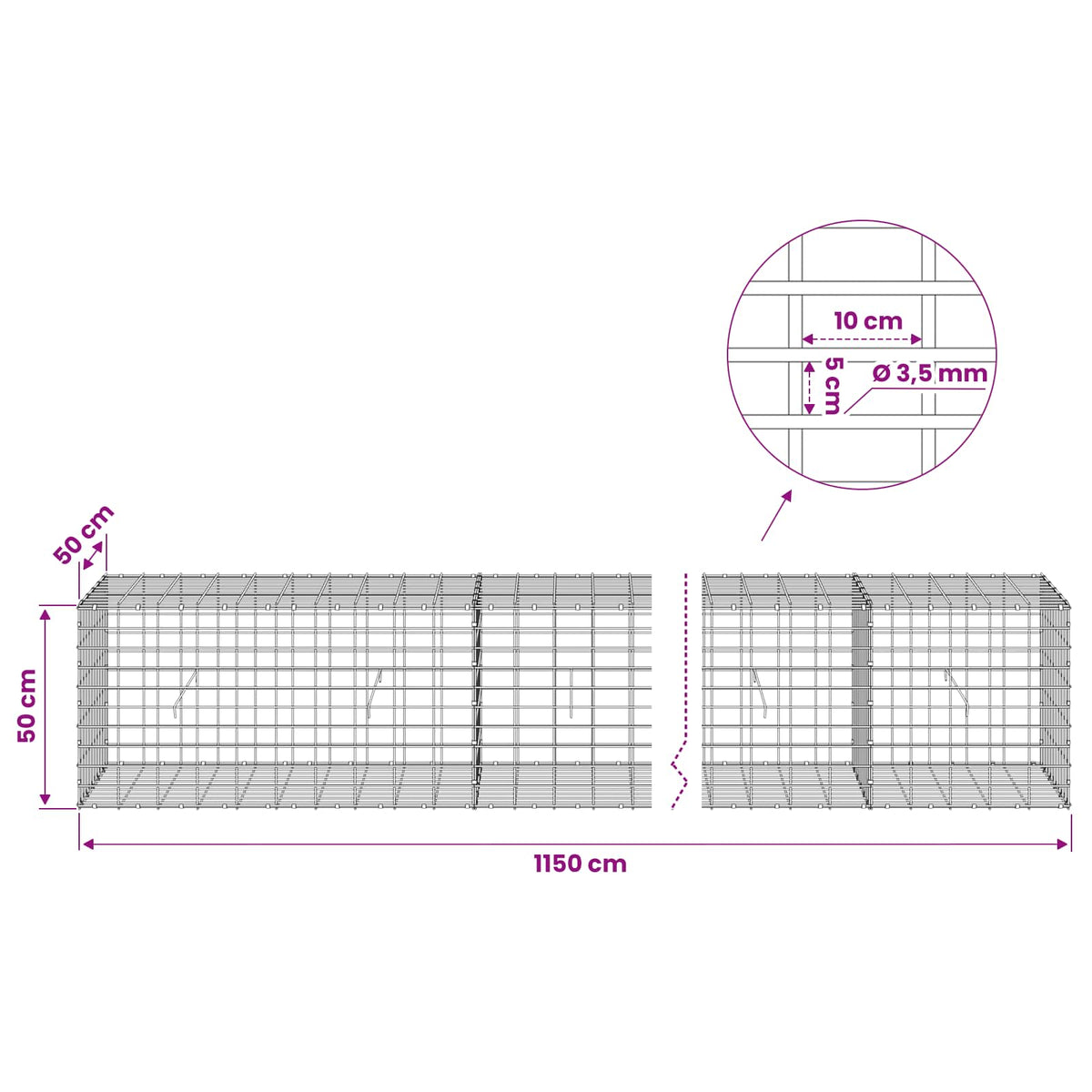 vidaXL Gabion with 3.5 mm Wire and 5x10 cm Mesh 1150x50x50 cm 6
