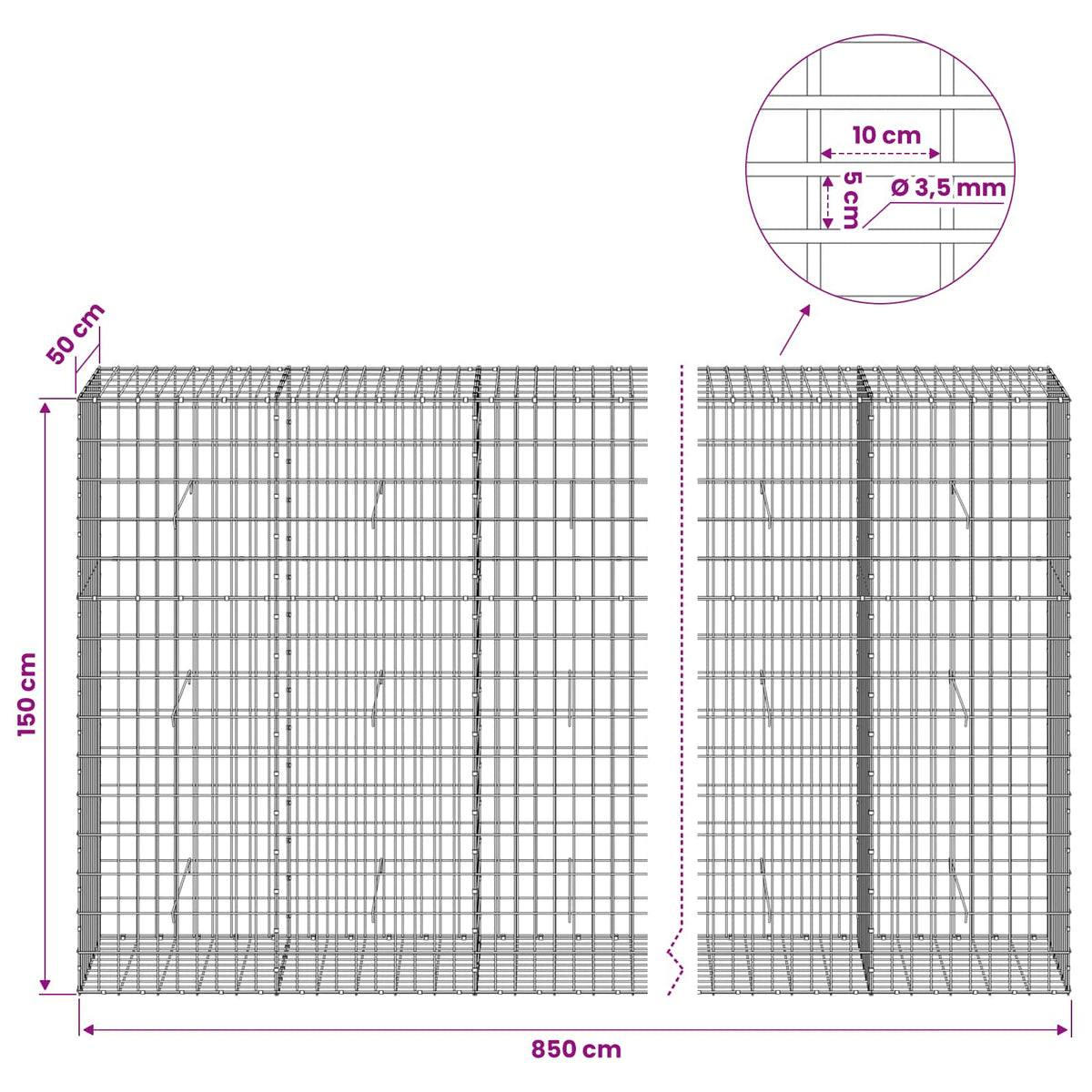 vidaXL Gabion with 3.5 mm Wire and 5x10 cm Mesh 850x50x150 cm 6
