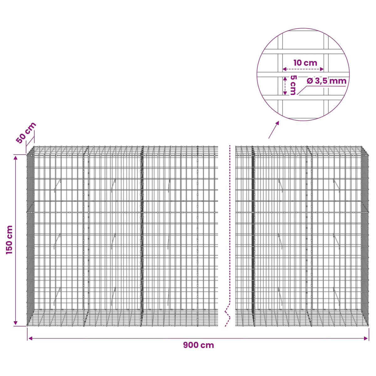 vidaXL Gabion with 3.5 mm Wire and 5x10 cm Mesh 900x50x150 cm 6