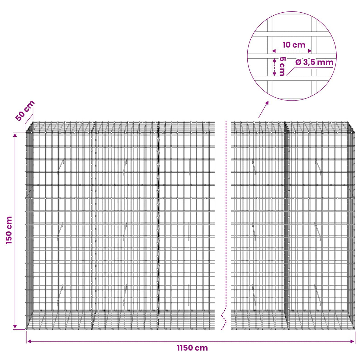 vidaXL Gabion with 3.5 mm Wire and 5x10 cm Mesh 1150x50x150 cm 6
