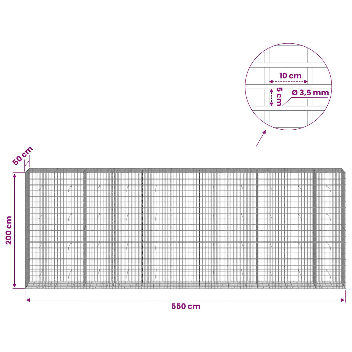 vidaXL Gabion with 3.5 mm Wire and 5x10 cm Mesh 550x50x200 cm 6